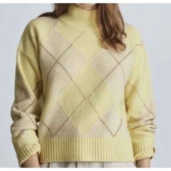 Everlane Womens Sweater Size S Yellow The Felted Merino Argyle Mockneck