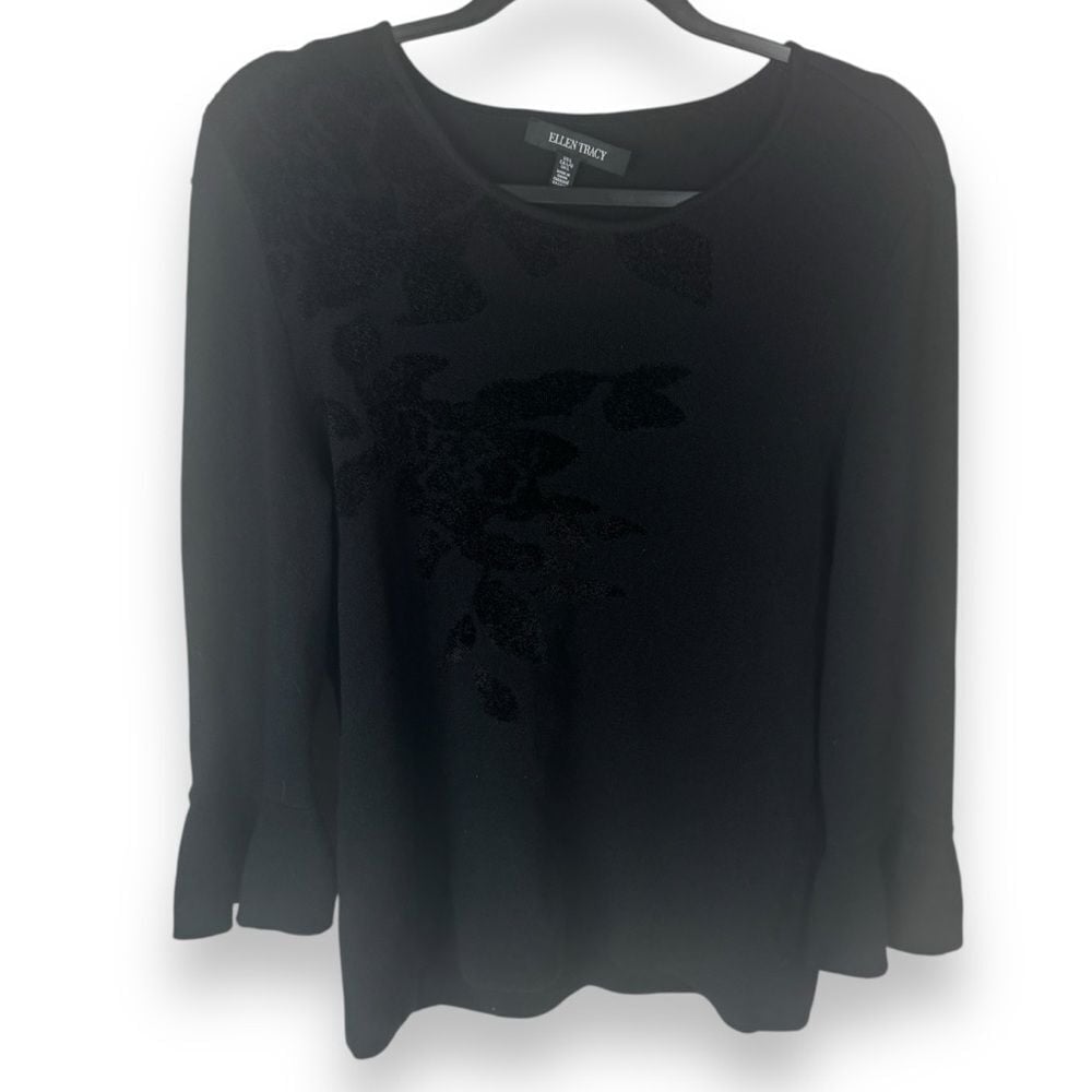 Ellen Tracy Black Bell Sleeve Knit Top Womens Size Large NEW Burnout Soft Warm