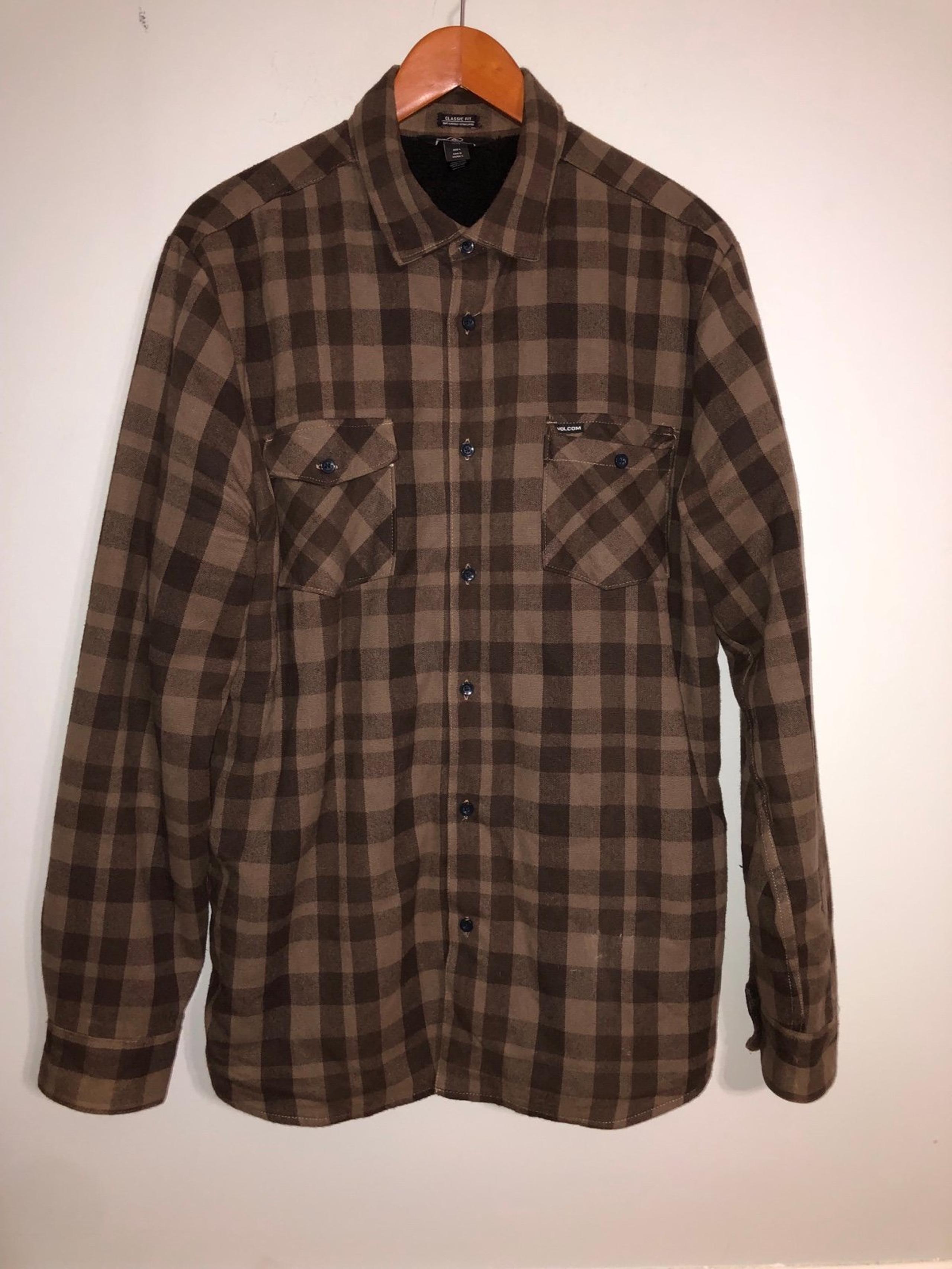 Volcom Men's Shirt Brown Plaid Button Up Classic Fit Size Large
