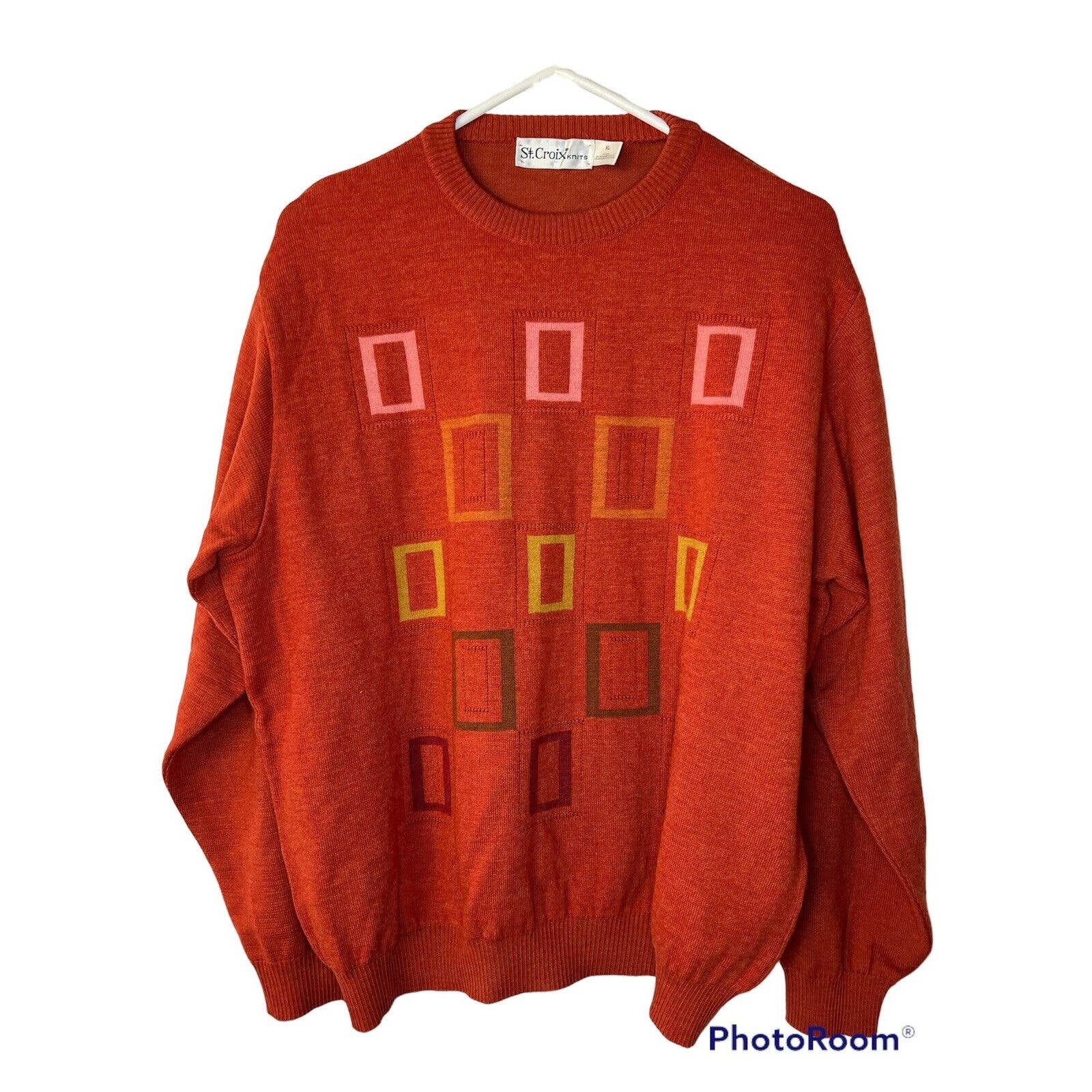 St Croix Knits Reversible Lightweight Wool Geometric Pullover crew neck orange