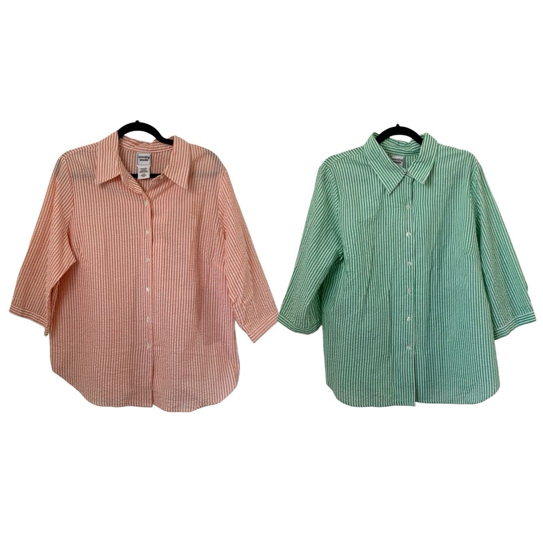 VTG Scandia Woods Shirt Bundle Women L Green Orange Stripe Seersucker Button Up