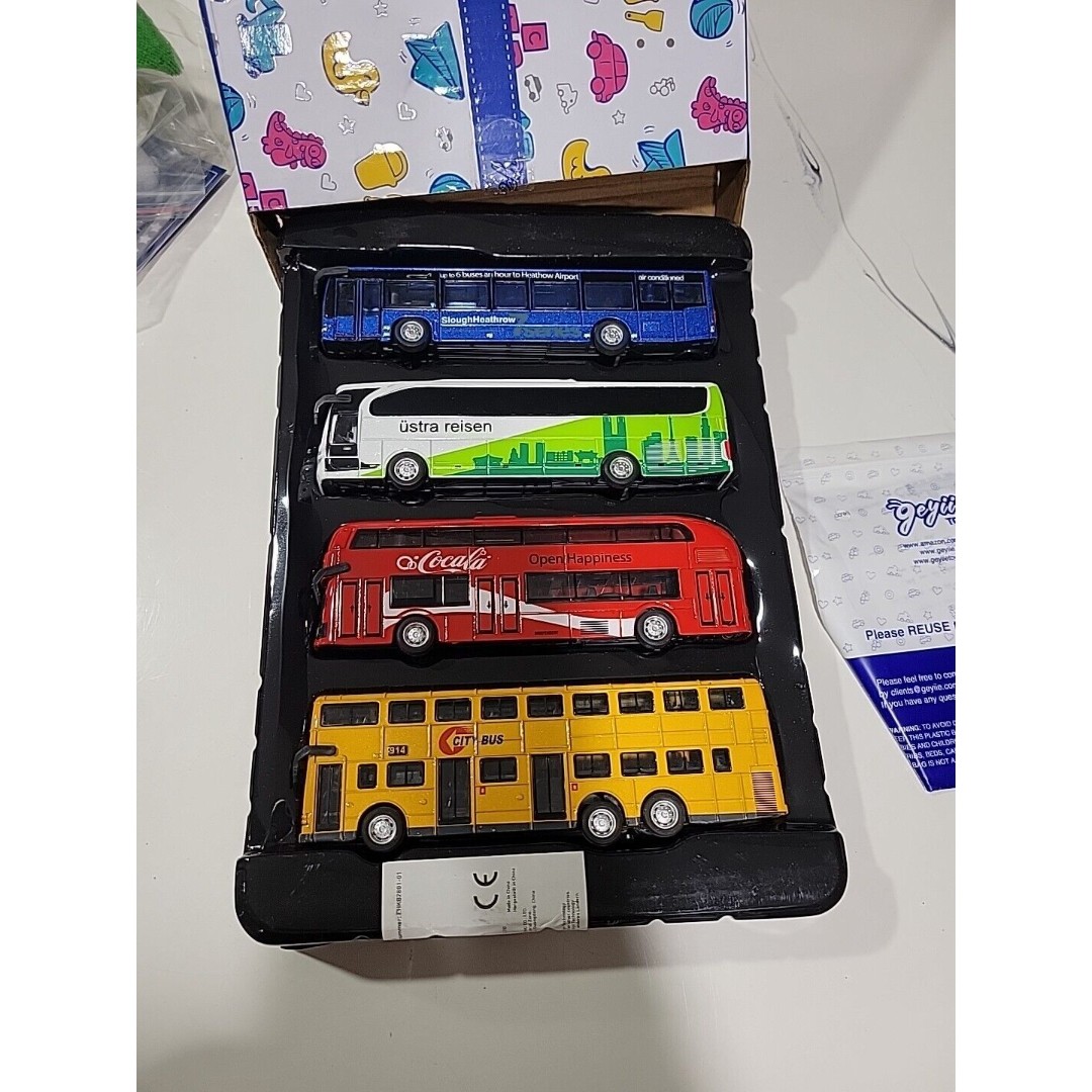NEW 4 School Bus Toy, Die-Cast Metal Car Toys for 3-8 Years Old Pull Back Buses