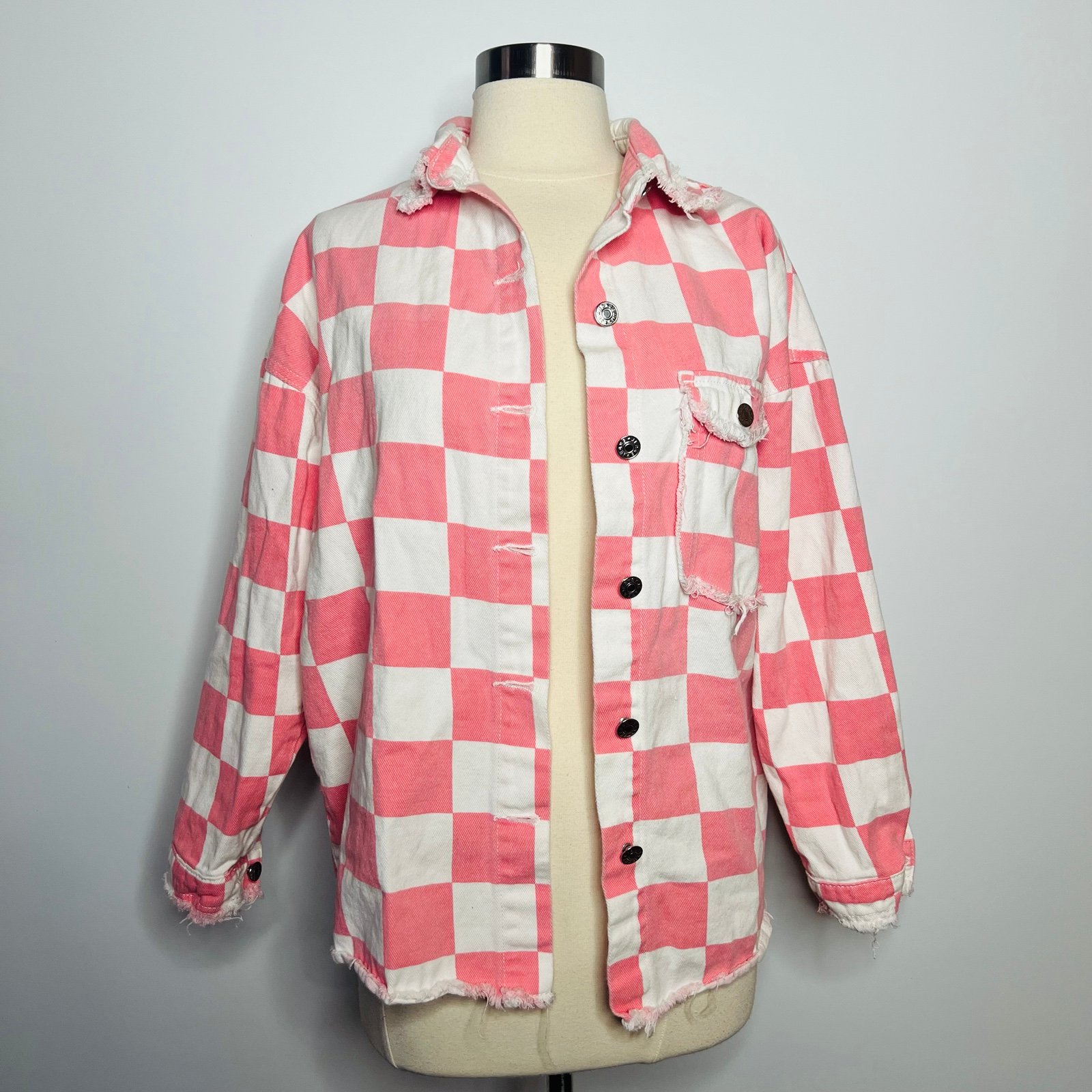 Pink & White Checkered Denim Jacket