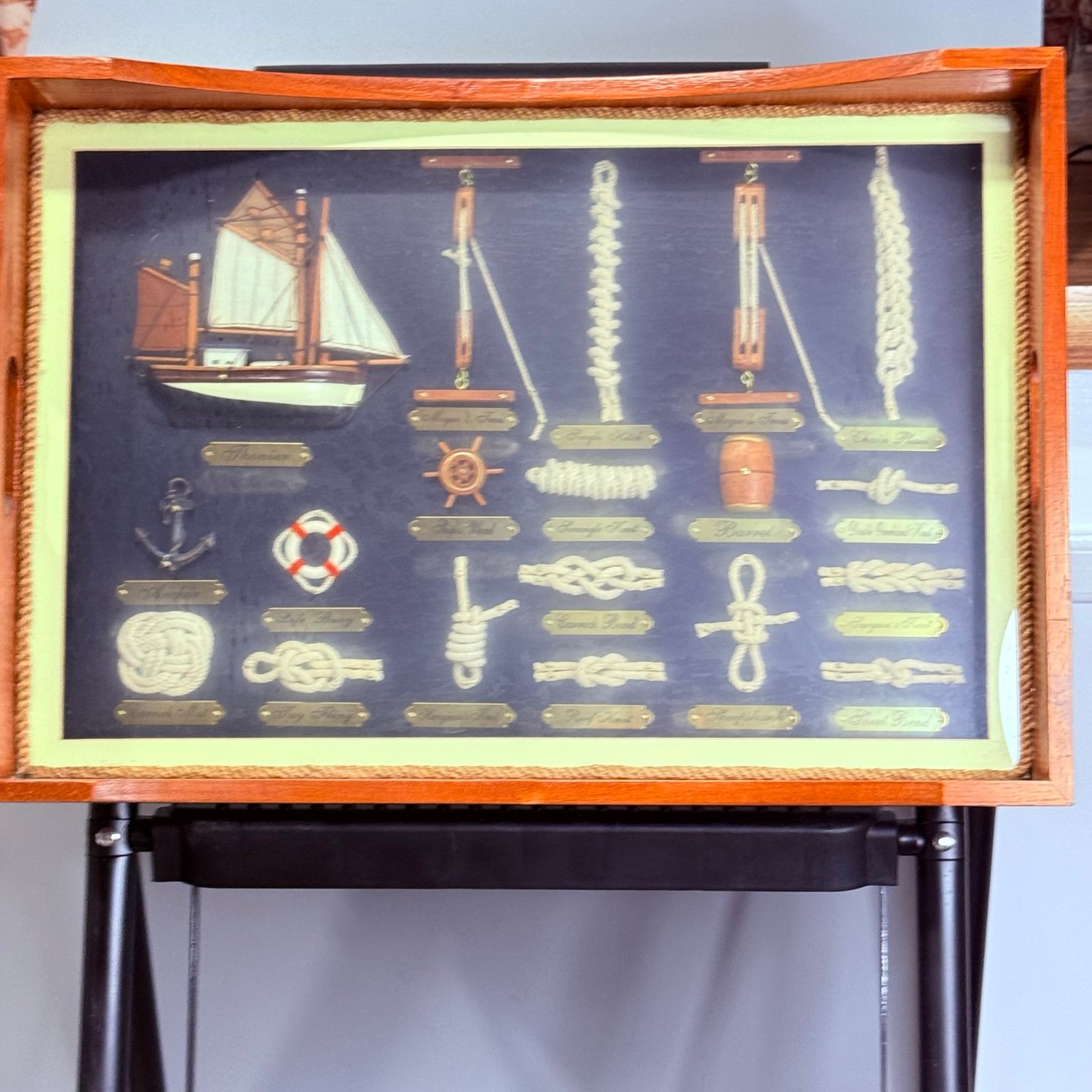 VINTAGE NAUTICAL THEME SHADOW BOX TRAY WITH LABELED KNOTS & SAIL BOAT tub