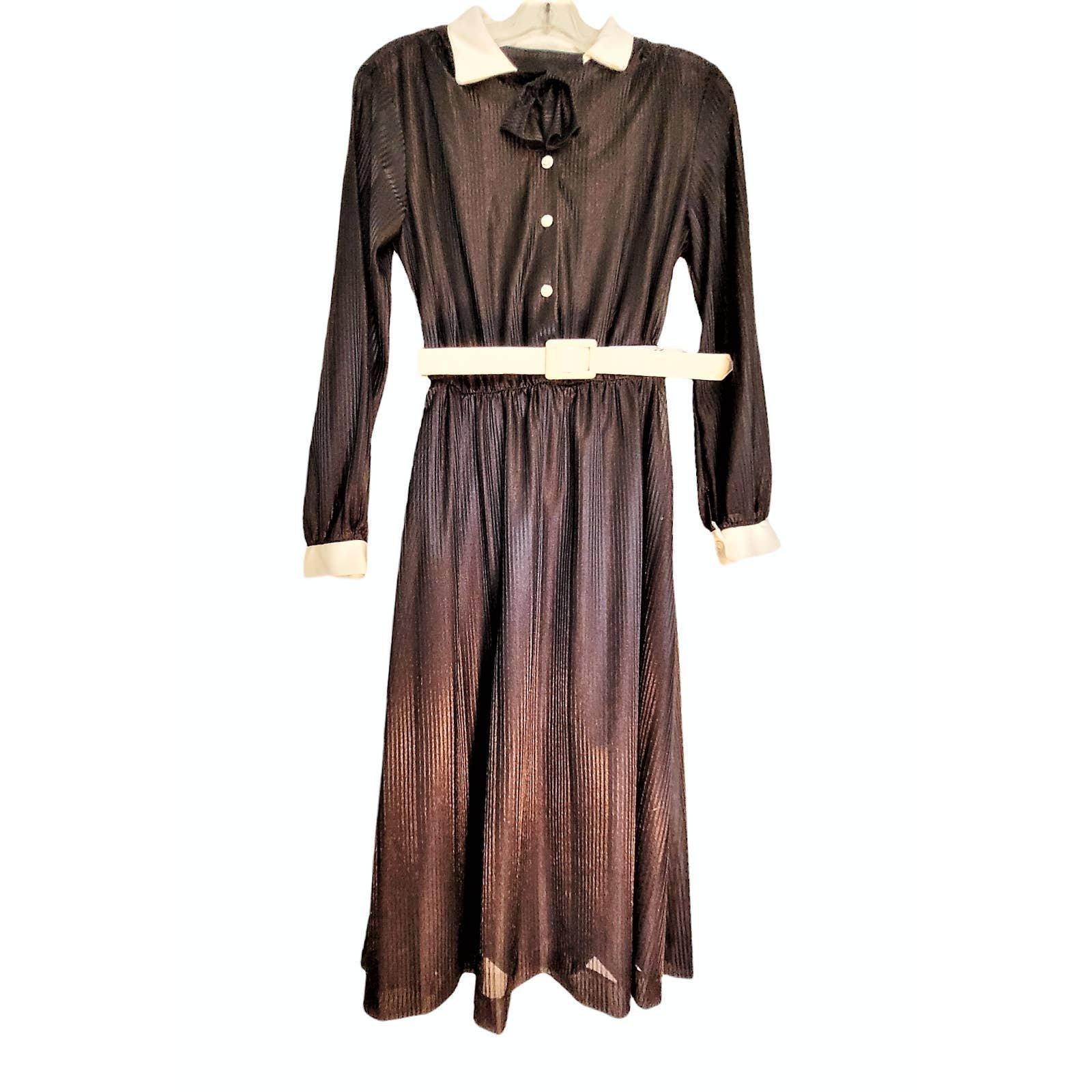 Vintage Black Contrasting Cuff and Collar Belted Shiny Sheer Bow Neck Midi Dress
