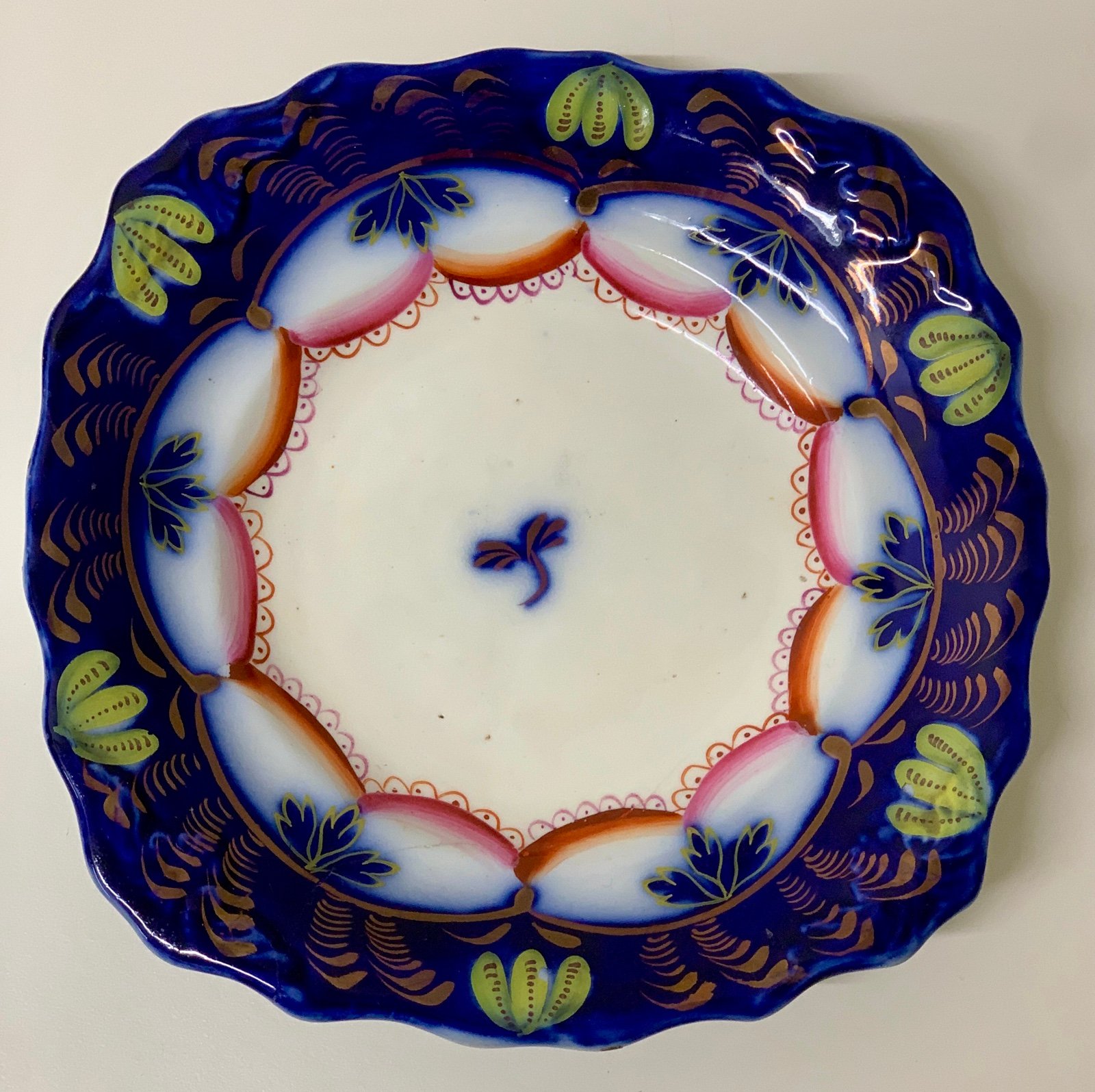 19th Century Gaudy Welsh Ironstone Banana Flow Blue Square Scalloped Plate
