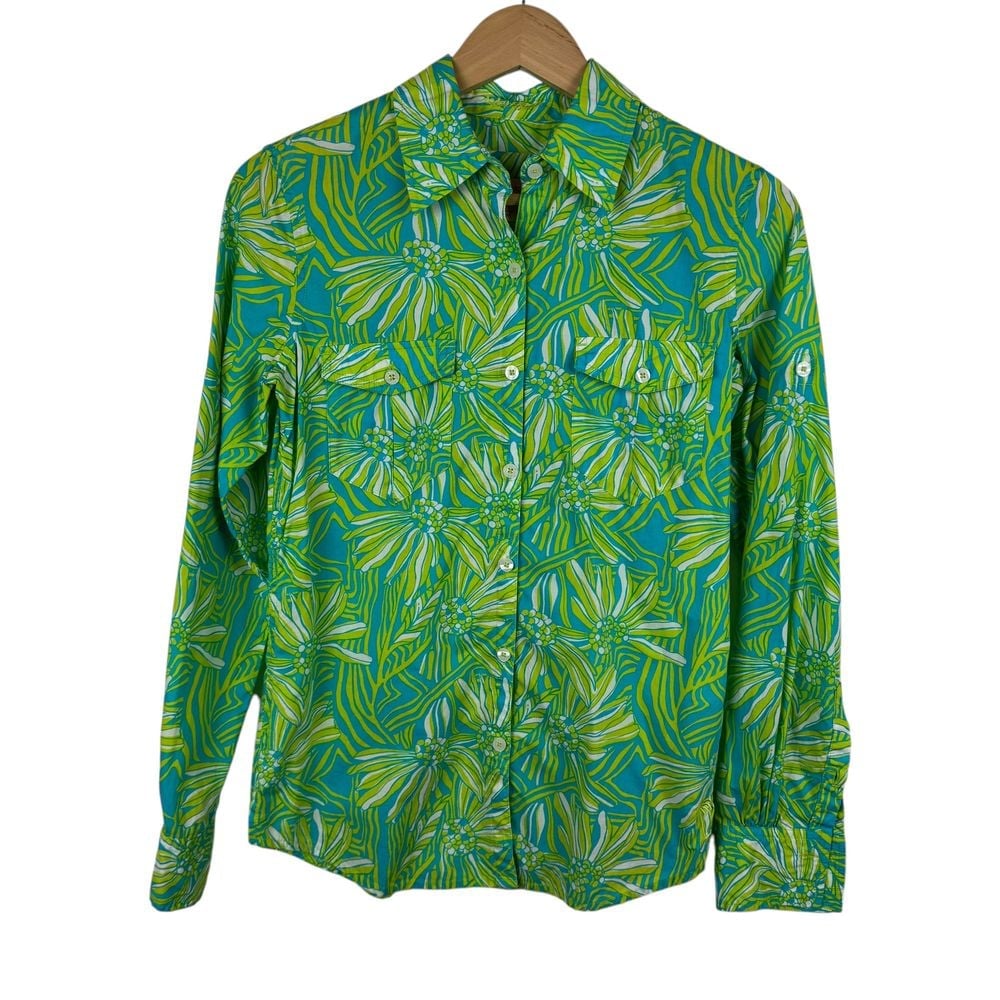 Lilly Pulitzer Floral Button Down Shirt Sz XS Long Sleeve Green Blue Tropical