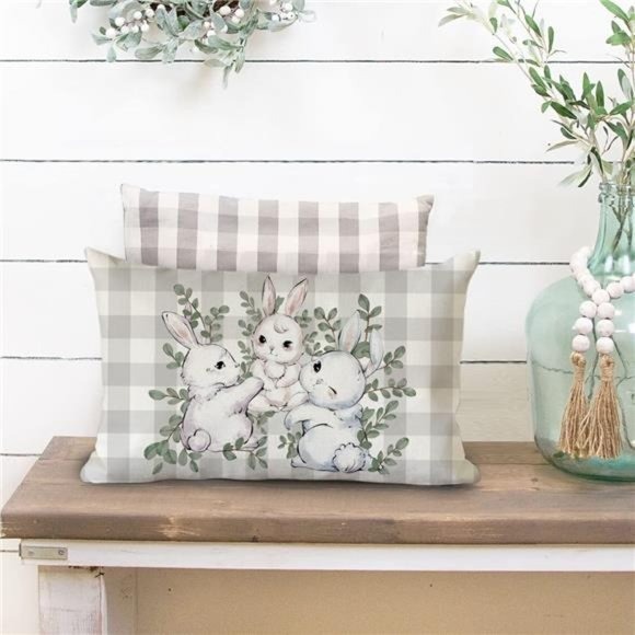 Easter Pillow Covers 12x20 inch Buffalo Plaid Colorful Easter Bunny Rabbits