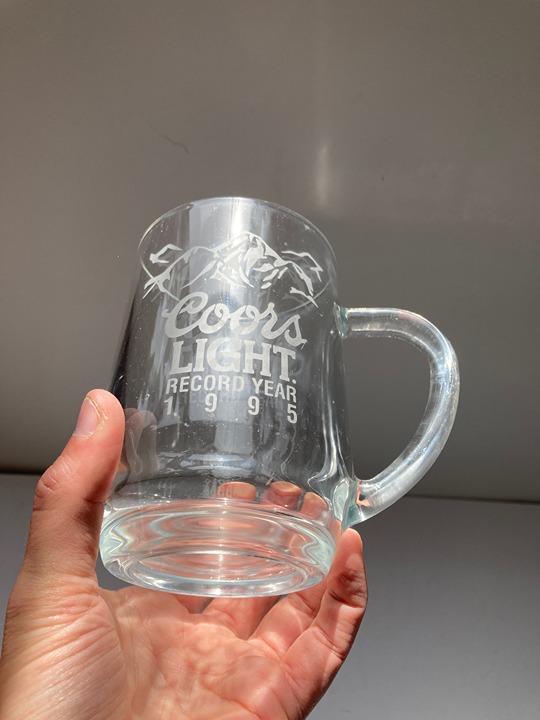 Coors Light Record Year 1995 etched clear glass brewing brewery beer handle mug