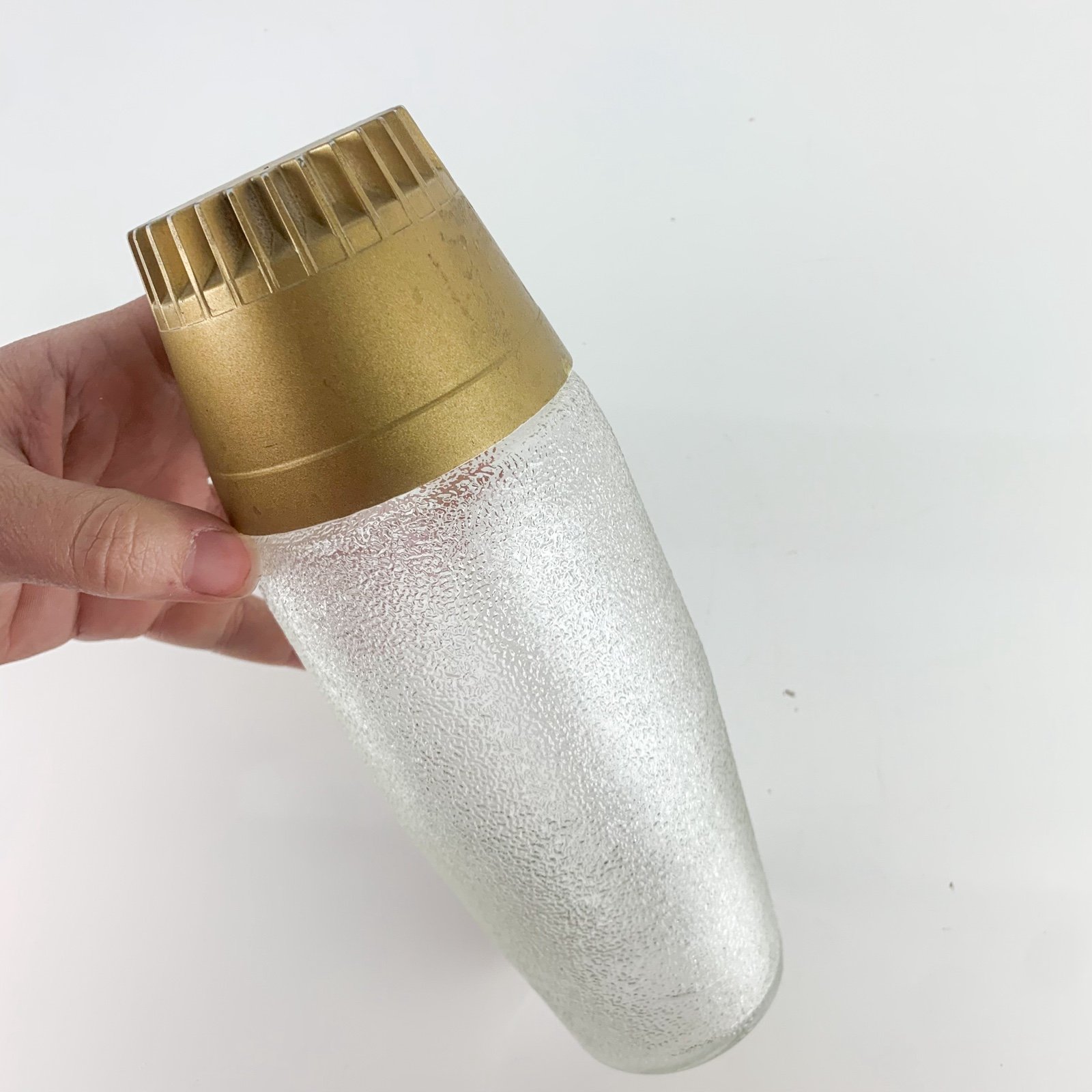 Vintage Mid Century Modern Atomic Anchor Hocking Cocktail Shaker Glass Gold Top