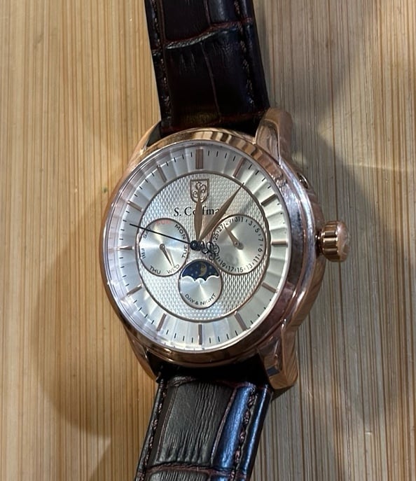 S Coifman Watch With 43mm Silver MoonPhase Chronograph Face & Brown Leather Band