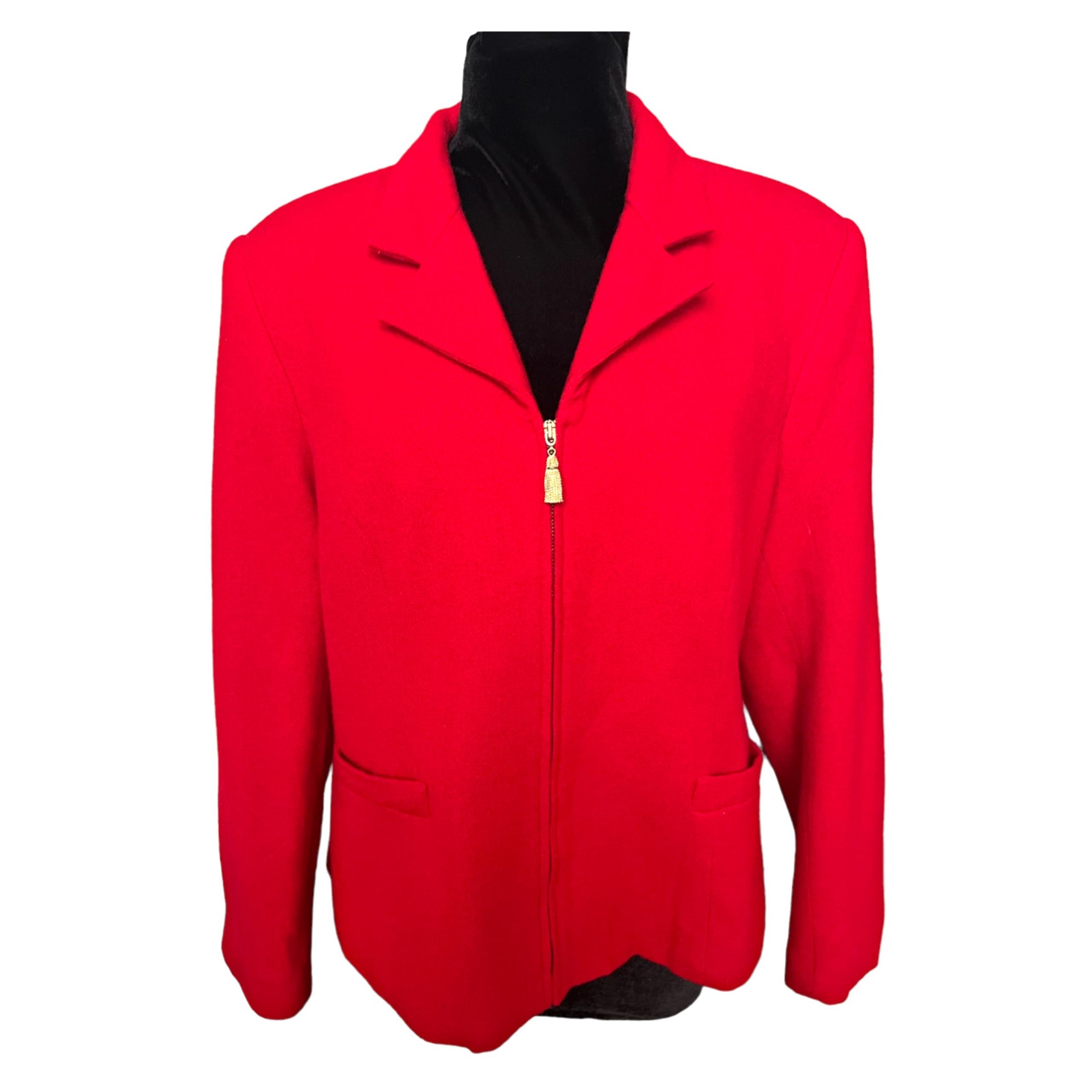 Vintage 80s Fundamental Things Red Gold Zip Up Wool Blazer Sweater 14 Med Large