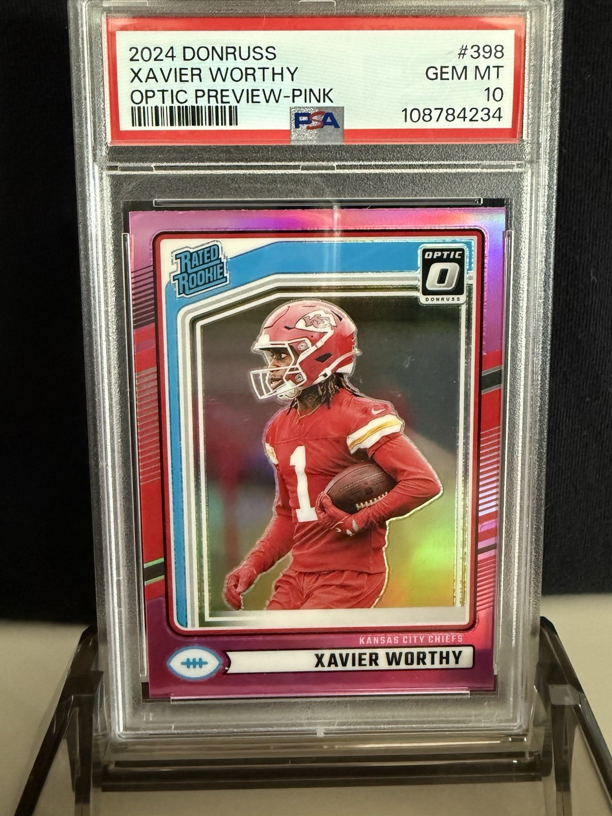 2024 Xavier Worthy Panini Donruss Rated Rookie #398 Optic Preview Pink PSA 10