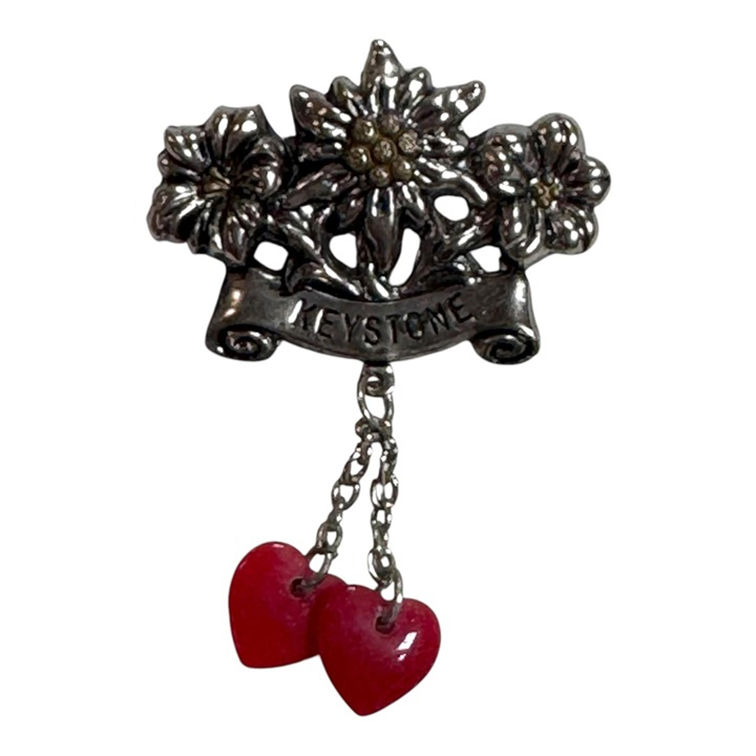 Vintage Keystone Floral Brooch Dangling Red Heart Charm Silver Tone Souvenir Pin