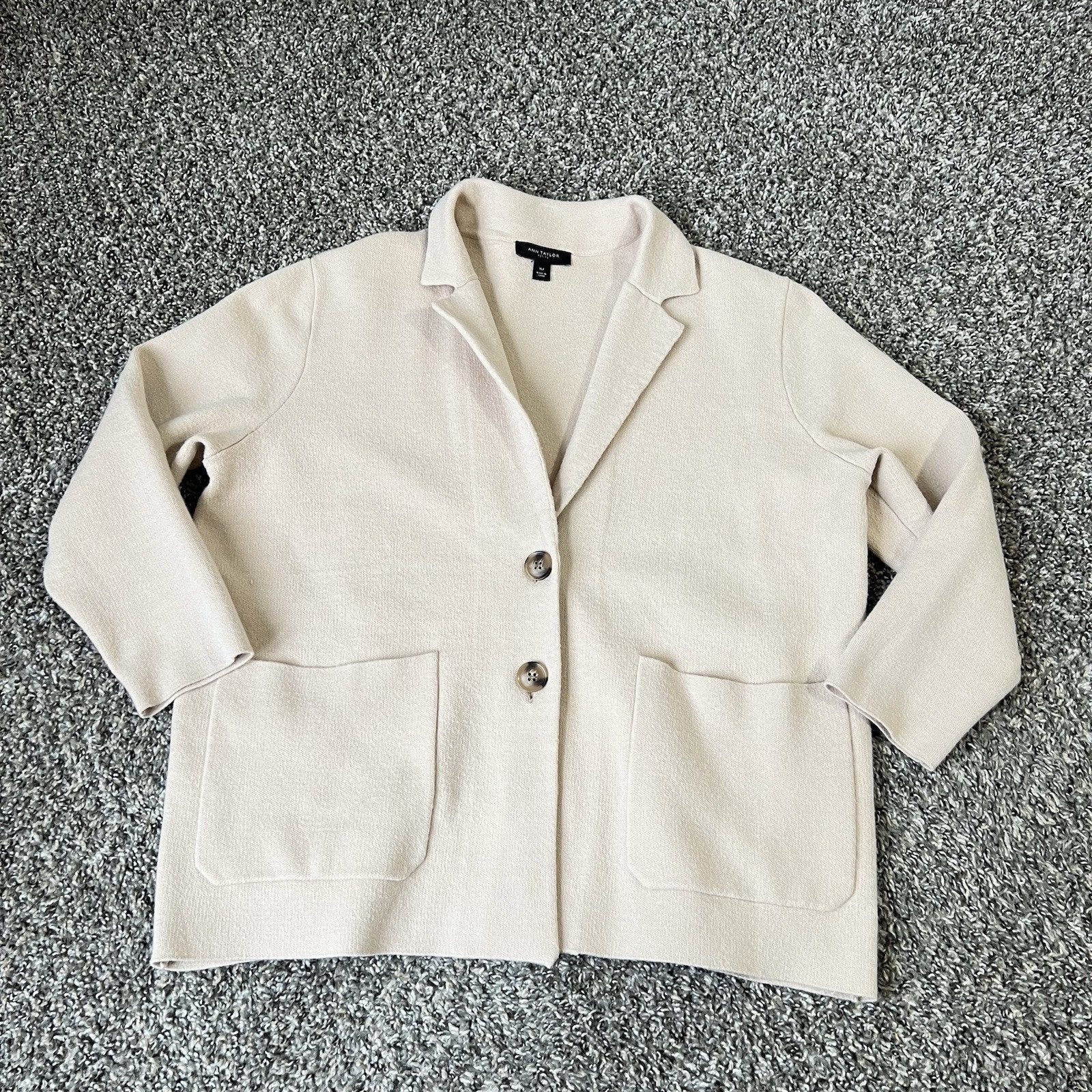 Ann Taylor Stretch Knit Sweater Blazer Jacket Preppy XL Petite Tan Brown NEW