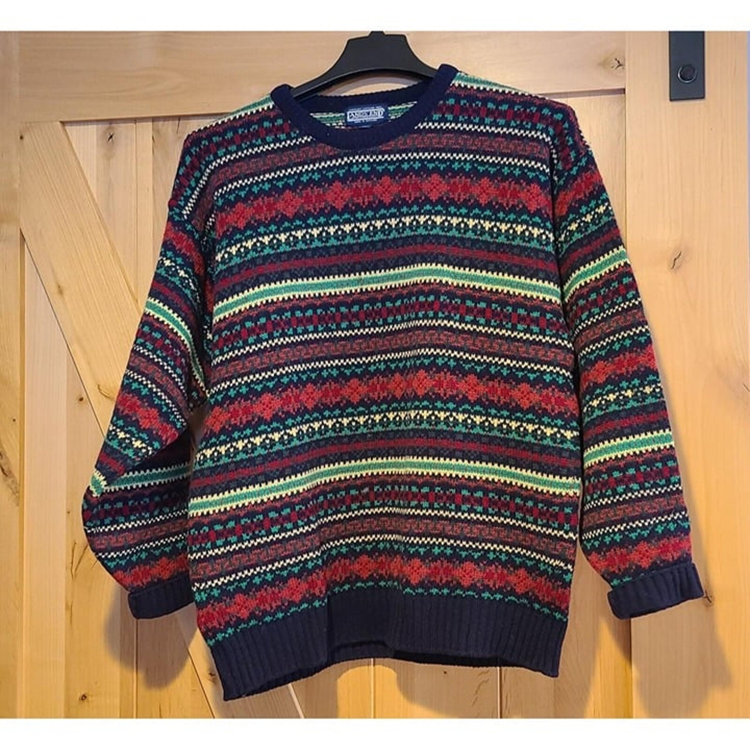 Lands End Men M Supersoft Shetland Wool Crewneck Sweater Scotland Green Blue Red