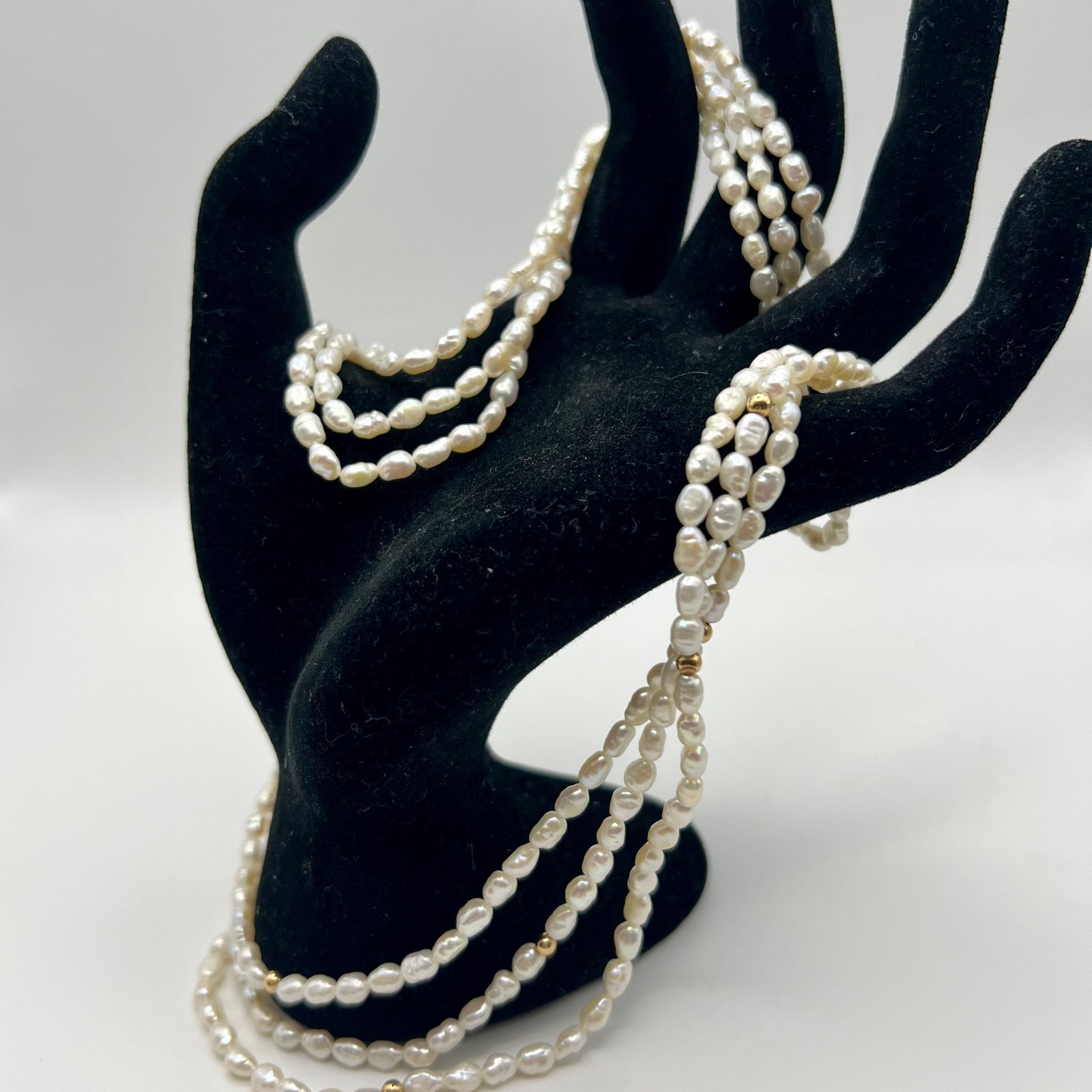 Signed 14k Gold Triple Strand Freshwater Pearl Bead Necklace 18 inch