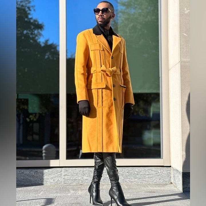 ORTTU Couture High Fashion Barn Trench Coat Mustard Yellow Green Quilt Lined M