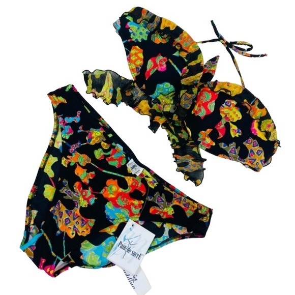 Pain De Sucre black abstract colorful ruffle bikini set. L/36B