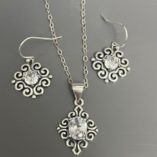 Antique scroll Necklace and earrings diamond April birthstone silver jewelry