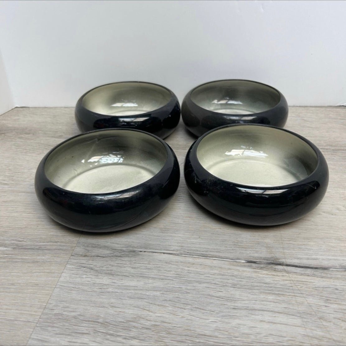 4 Black Vintage MCM Ceramic Dish Planter Pot Floral Arrangement Low Vase
