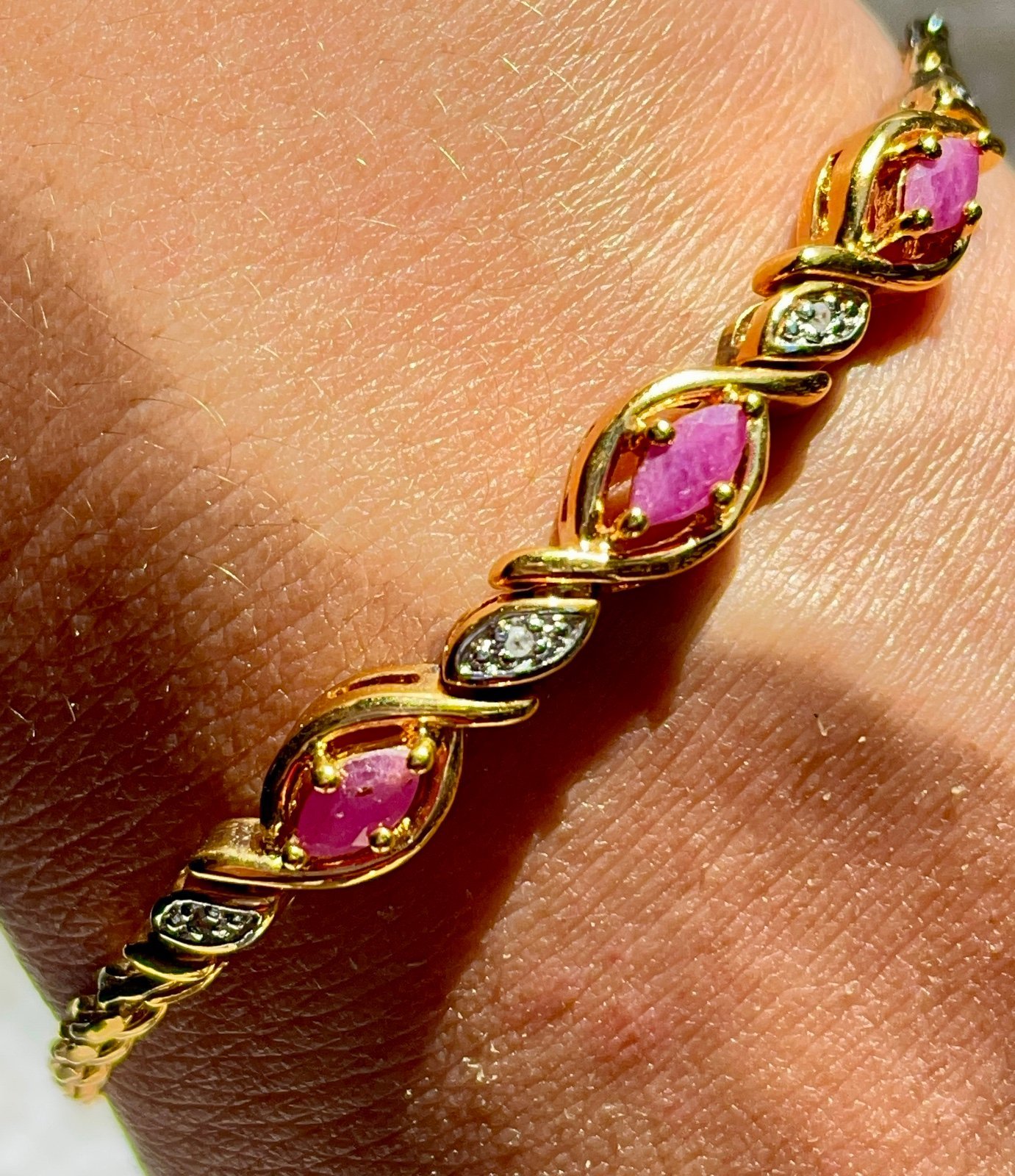 Vintage Pink Ruby & Diamond Chain Bracelet in Yellow Gold on Sterling Silver