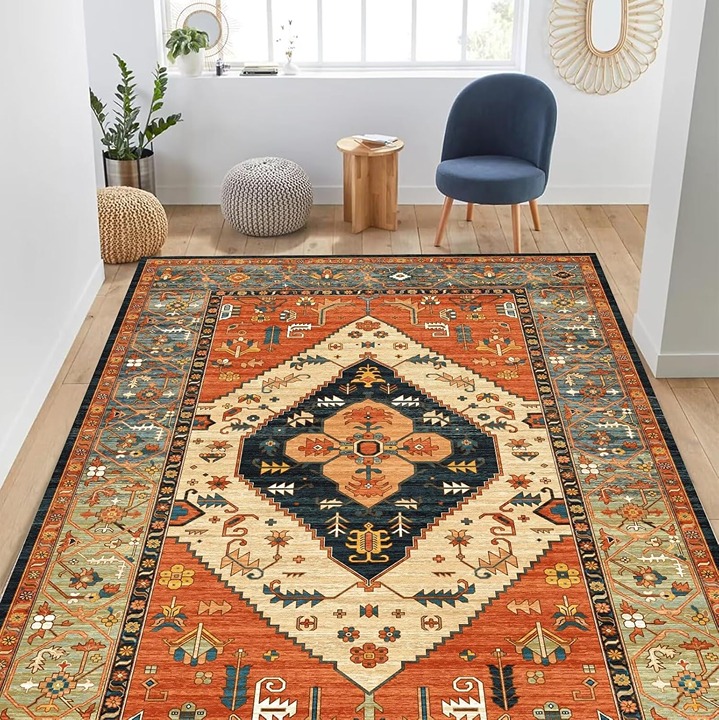 Washable Vintage Boho Rug 6'x9' - Non-Slip & Low Pile for Any Room