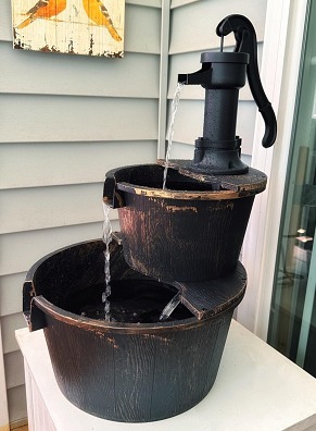 New Outdoor Floor Rustic 2-Tiered Barrel and Pump Water Fountain