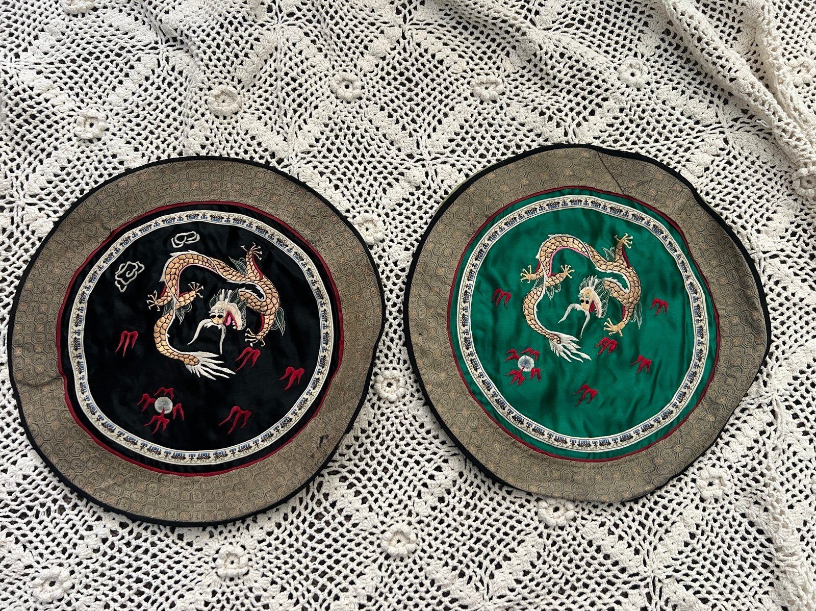 Set Of Two Antique Embroidered Silk Dragon Tapestrys Chinese Brocade They are