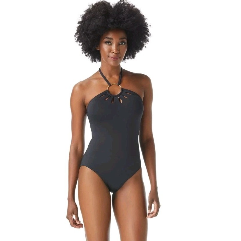 Vince Camuto Serengeti Shades Logo Ring Cutout Halter One-Piece Black 6