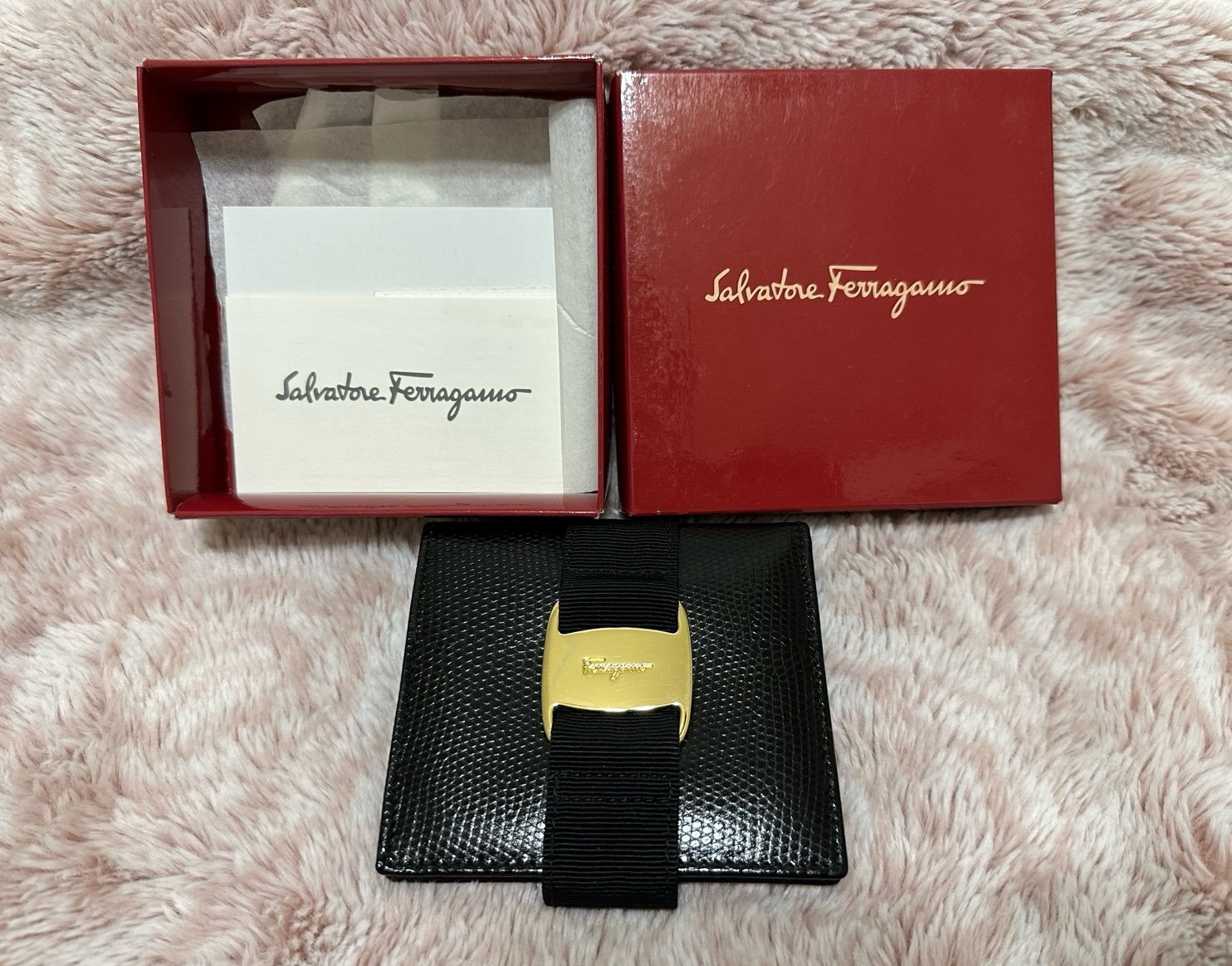 Salvatore Ferragamo Black Leather with Gold Buckle Wallet