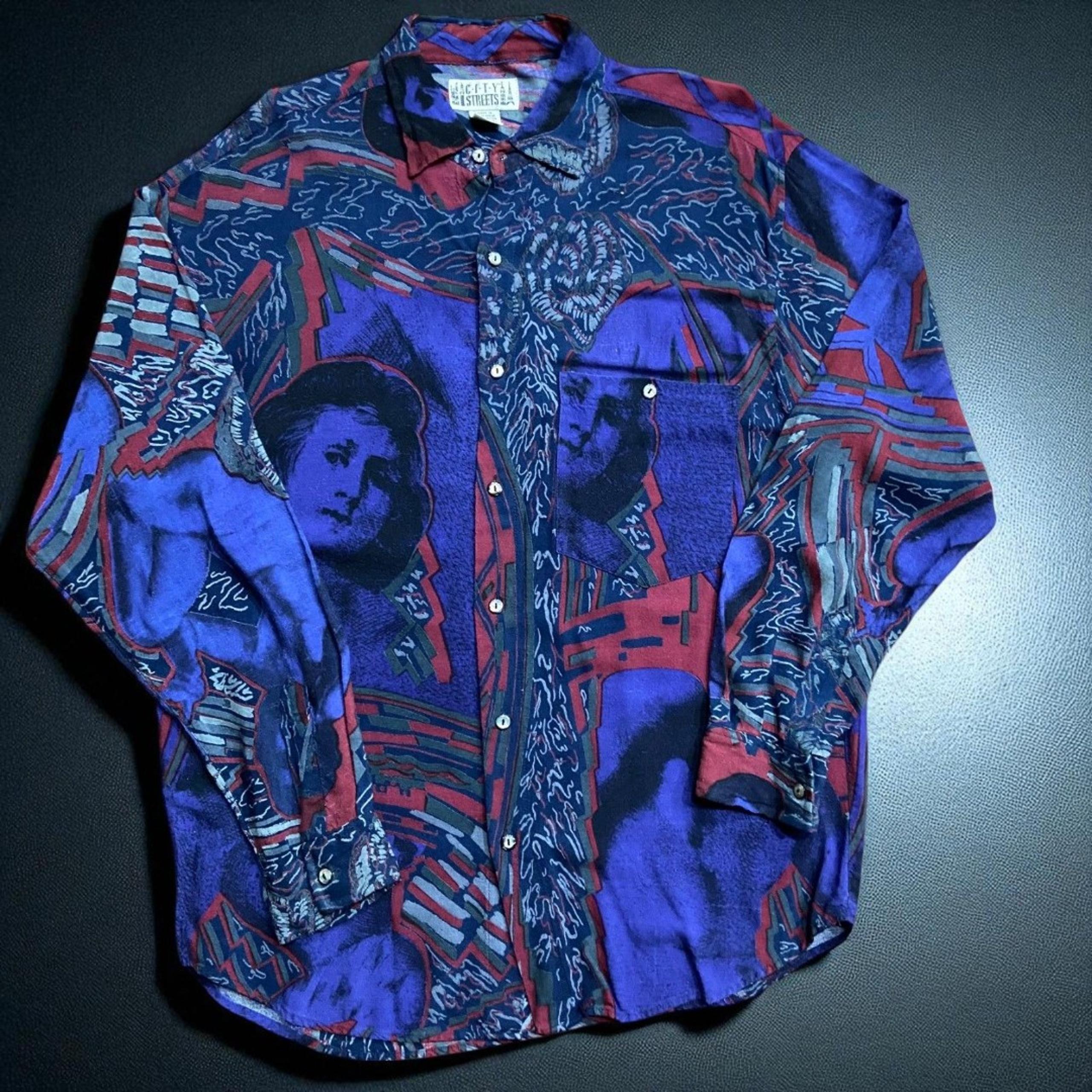 City Streets Vintage Abstract Rayon Button Down Purple Red Shirt Men's Size M