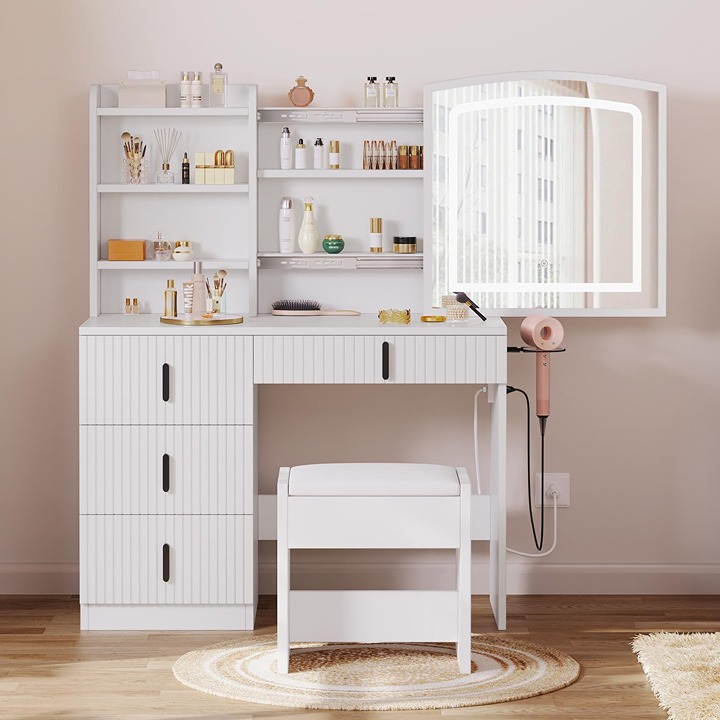 White 4 Drawers Vanity Table Set Lighted Sliding Mirror Makeup Desk with Stool