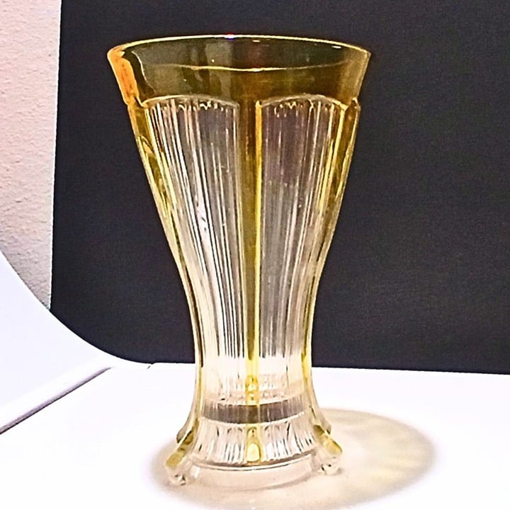 Vintage Depression Glass Vase Large Yellow Marigold Clear Ribbed Starburst