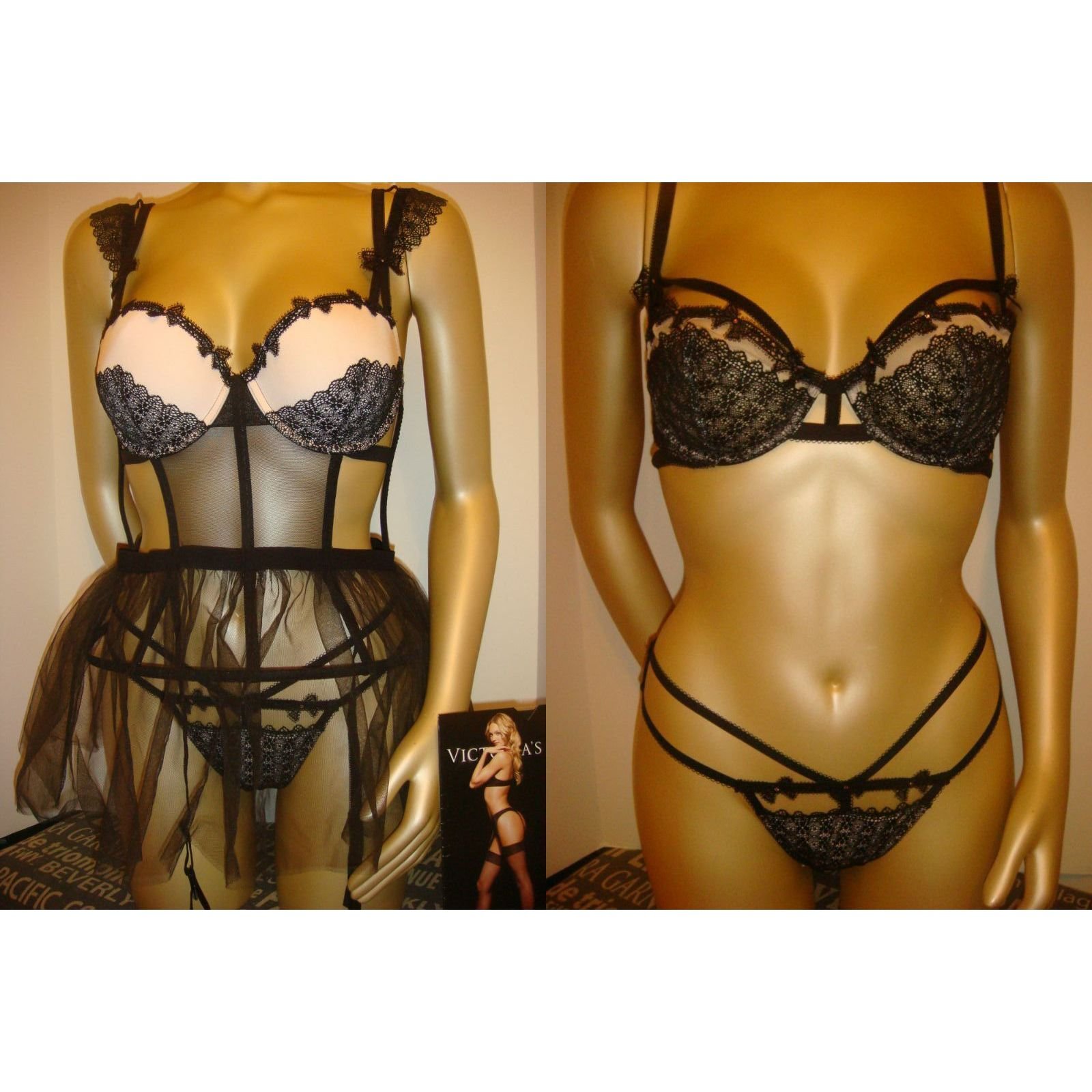 Victoria's Secret 36C BRA SET+garter BABYDOLL dress+M Black Pink BOW embroidered