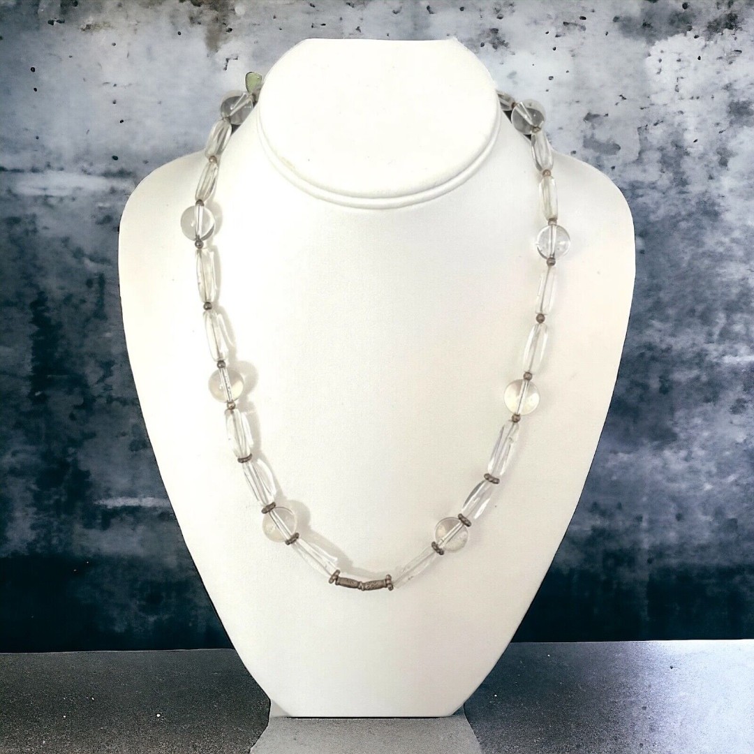 Vintage Necklace Silver Tone Clear Glass or Quartz Beads Oxidized Silver Tone 2A