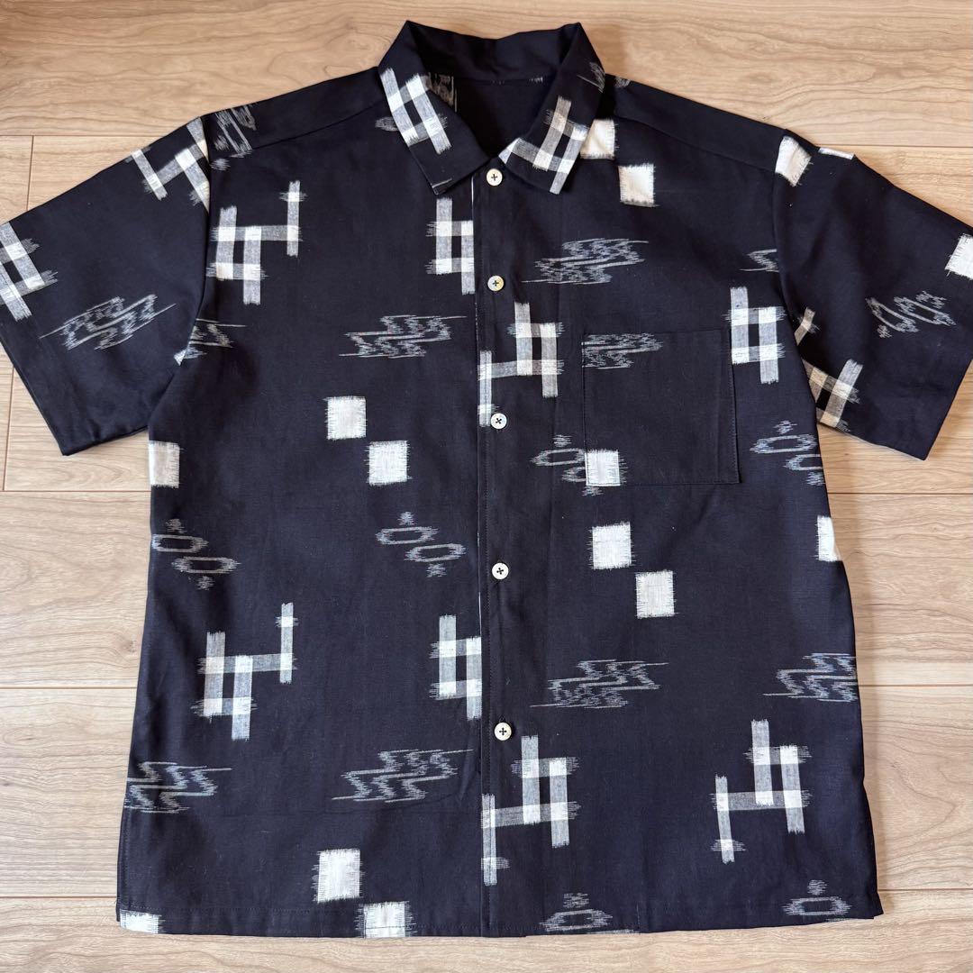 Remake Aloha Shirt, Cotton, Men's, Authentic Ryukyu Kasuri, Kimono, Male, Handmade, Black