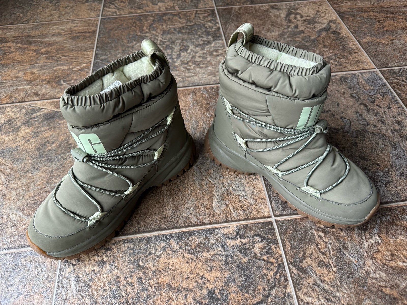 UGG Yose Puffer Mid Slip On Waterproof Boot- Green, Women’s size 7