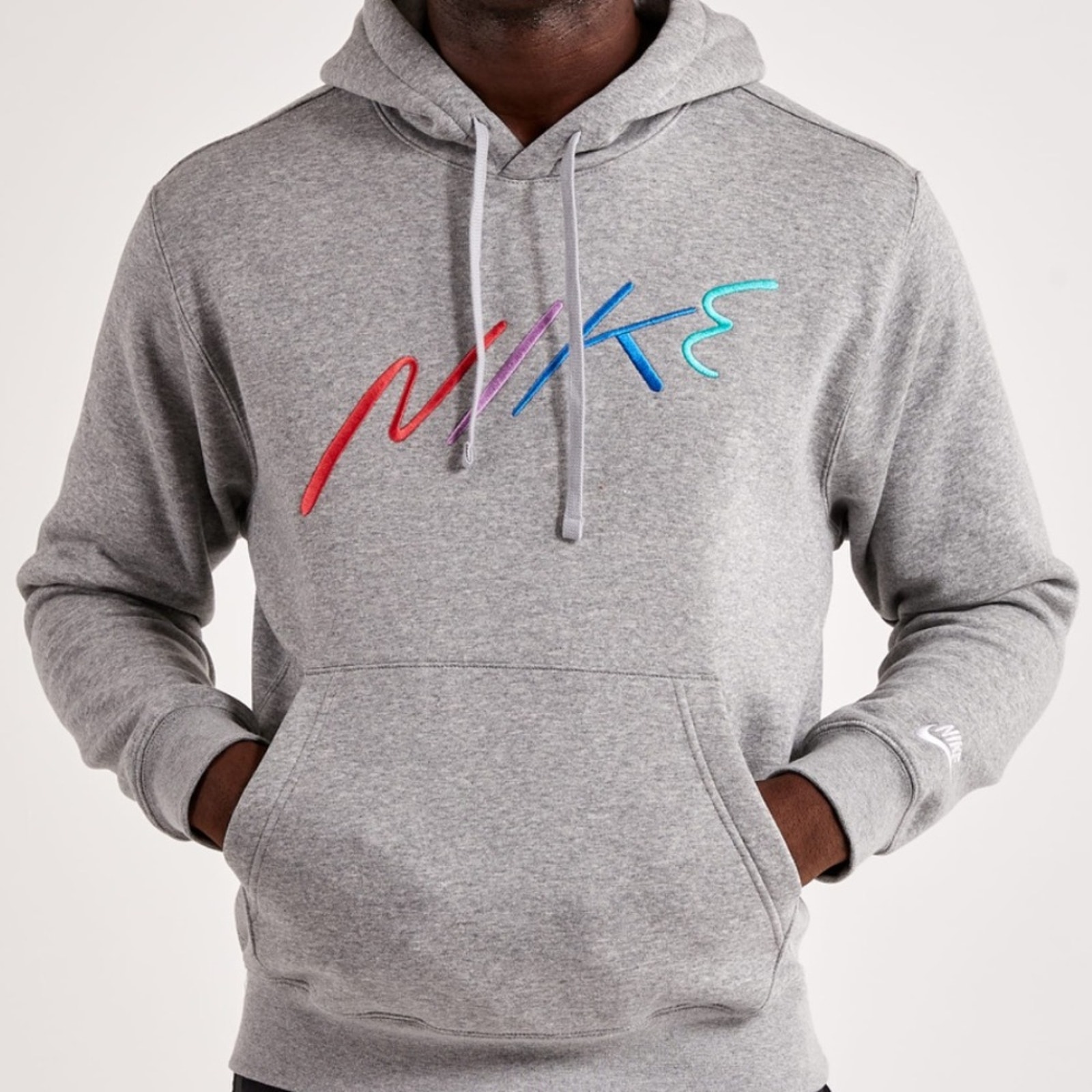 Nike Club Fleece Classic Gray Hoodie with Multicolor Logo Mens Size Small NWT