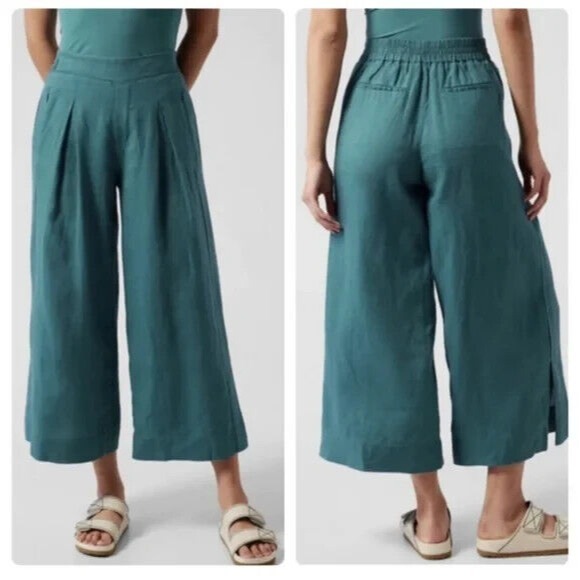Athleta Women's 4 Playa Linen Borealis Turquoise Wide Leg Crop Pants