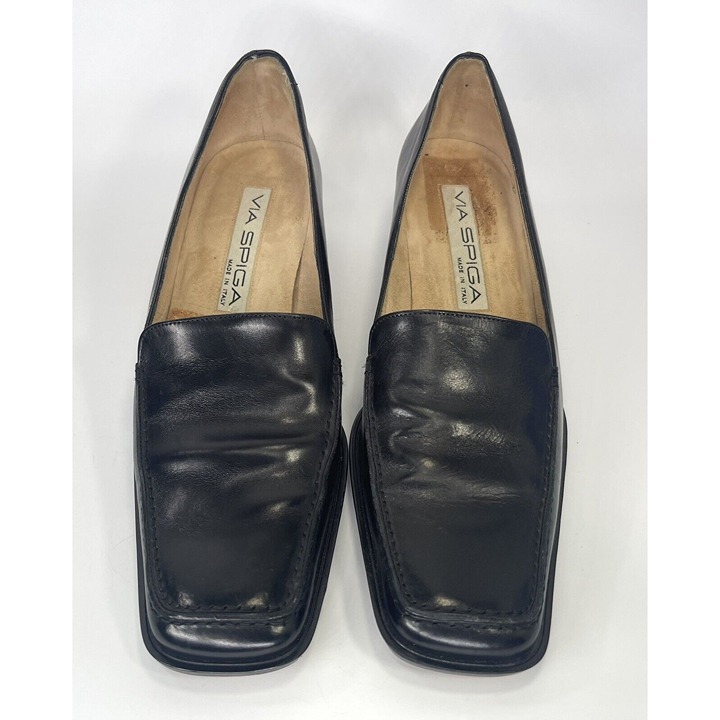 VIA SPIGA Women Black Leather Square Toe Low Heels Women's Size US 7M EUR 38