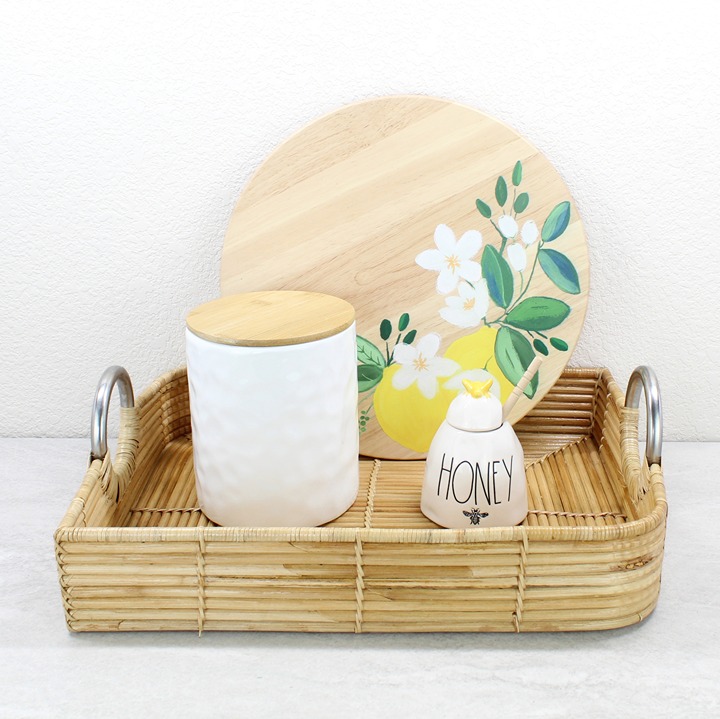 Leaf Shaped Rattan Cane Tray with Steel Handles- Natural