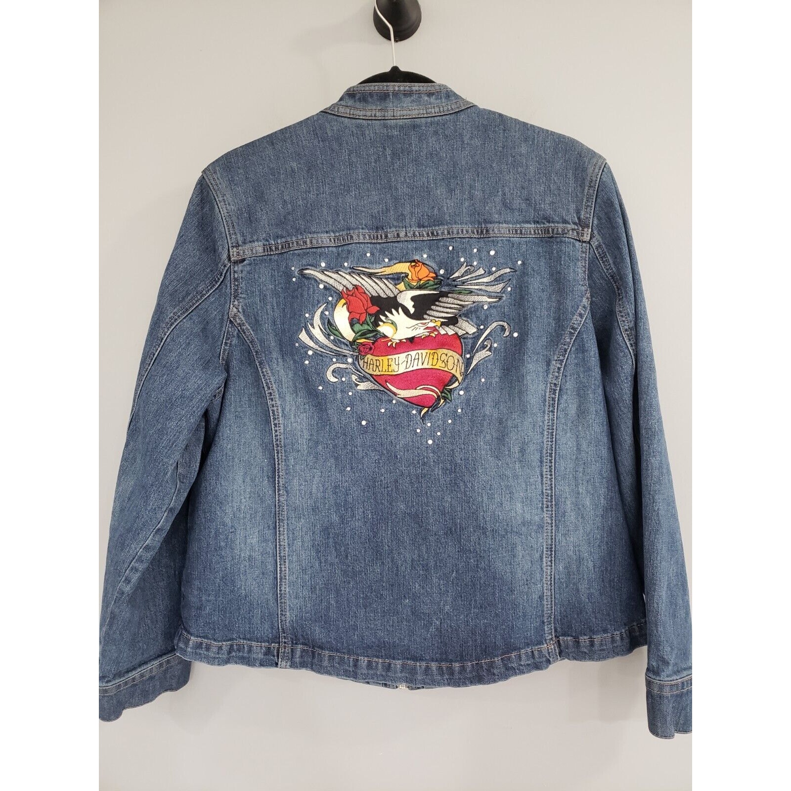 Harley-Davidson Embroidered Heart Eagle Rose Bling Rhinestone Denim Jacket Y2k