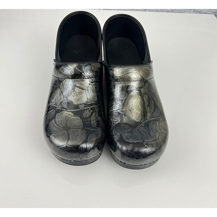 Dansko Patent Leather Floral Black Gold Silver Professional Clogs 42 11.5/12