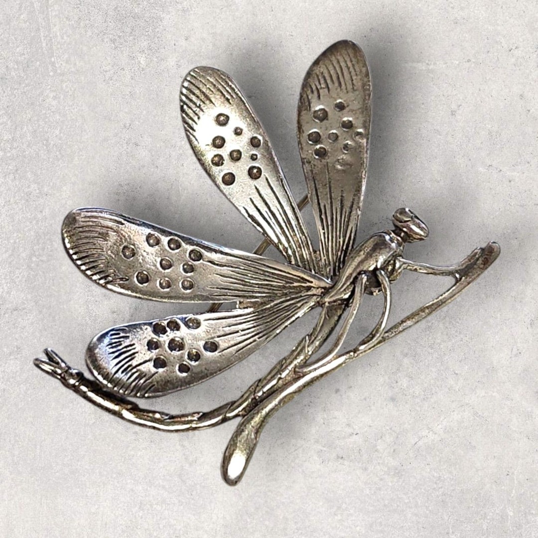 Dragonfly Brooch Vintage 925 Sterling Silver Art Nouveau Bug Insect Pin