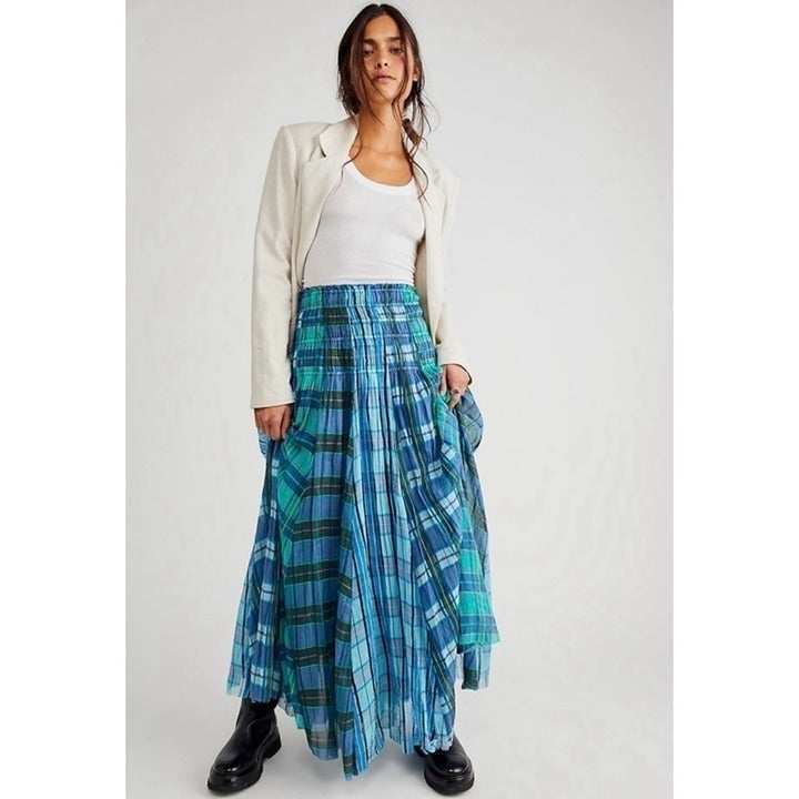NWT Free People Lausanne Convertible Maxi Skirt Midi Dress Plaid Blue