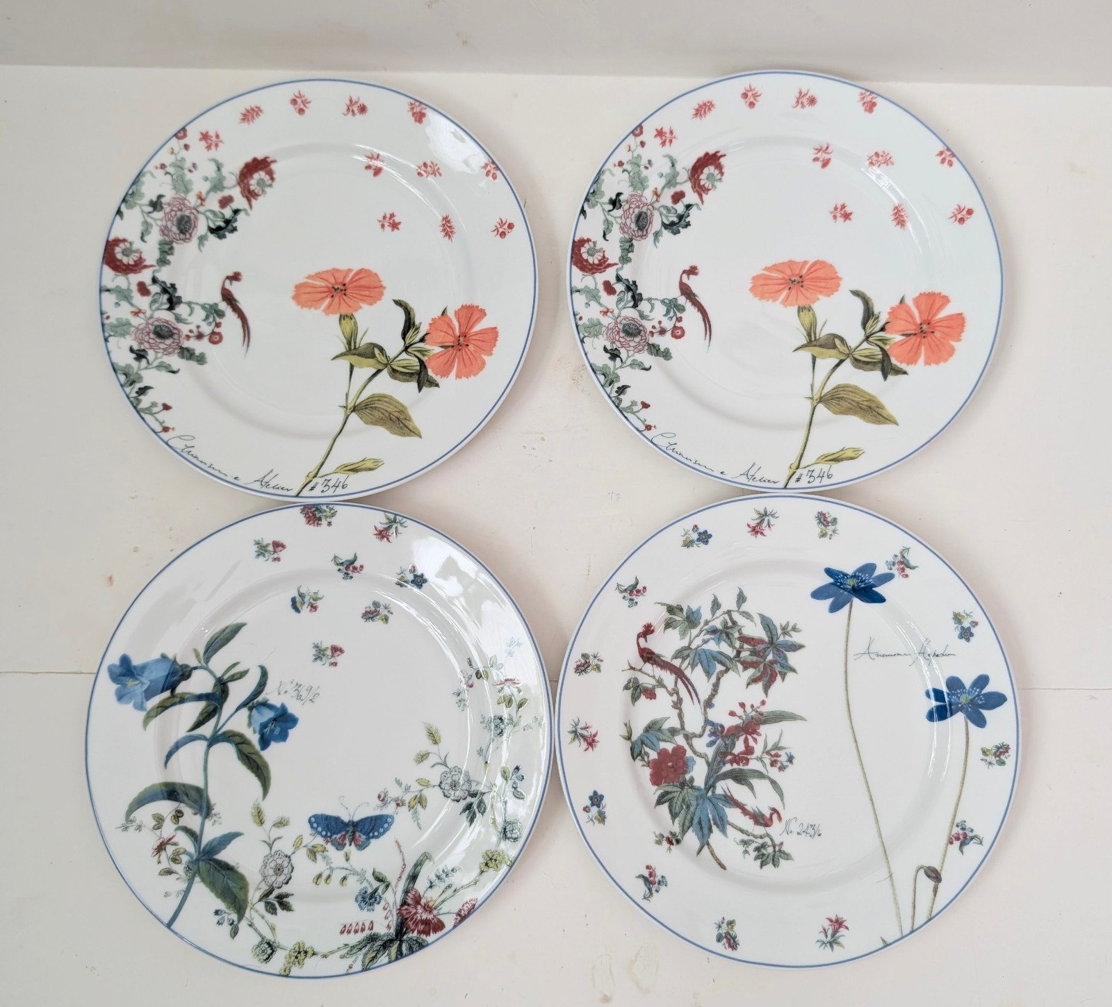 Anthropologie 8.25 Vintage Flower Butterfly Dessert Salad Plate 4 Piece Set