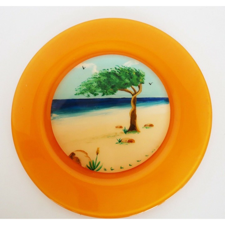 Vintage Arcopal France orange art glass hand painted plate with ocean scene