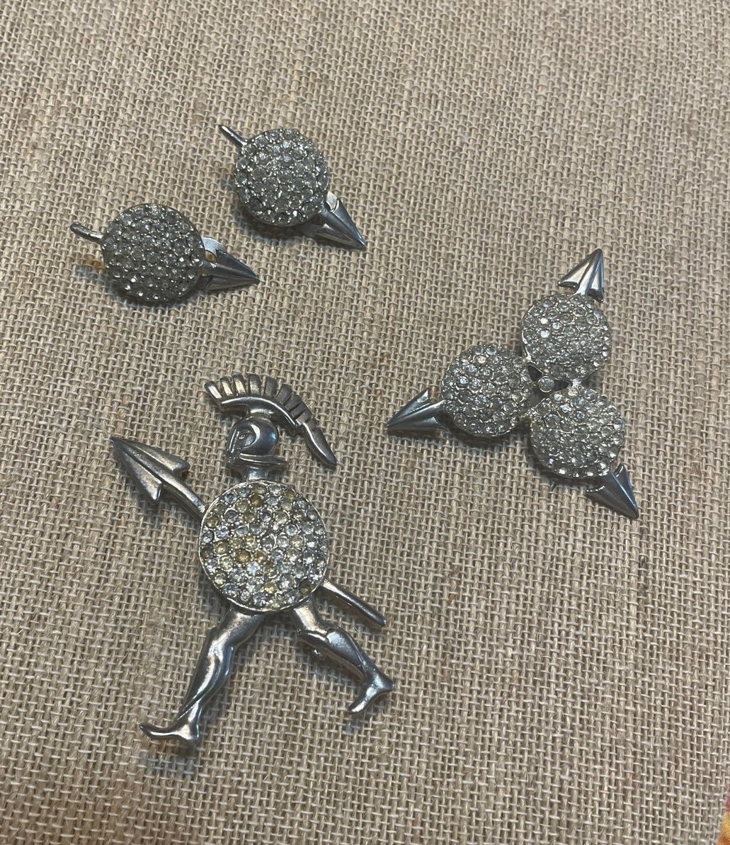 Rare! Silver Soldier brooch, 3 shields brooch and matching clip-on earrings set