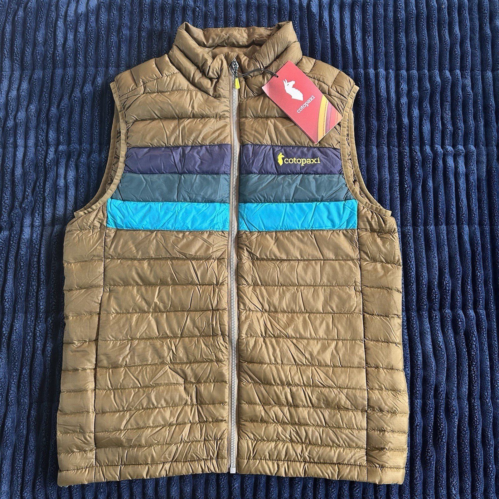 Cotopaxi Fuego Down Vest Mens Medium Oak Stripes 800 Fill Full Zip Puffer